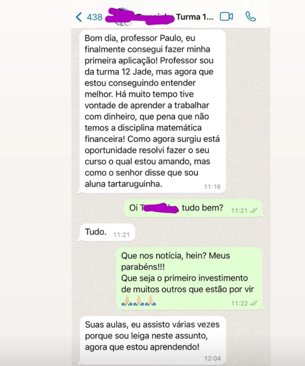 Depoimento de aluna — turma 12 Jade